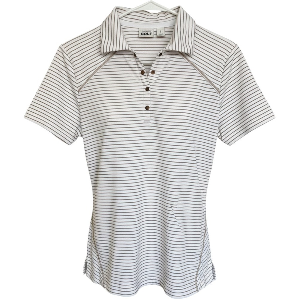 Zenergy Golf by Chicos White Gold Metallic Striped Polo Shirt Size 1 Medium